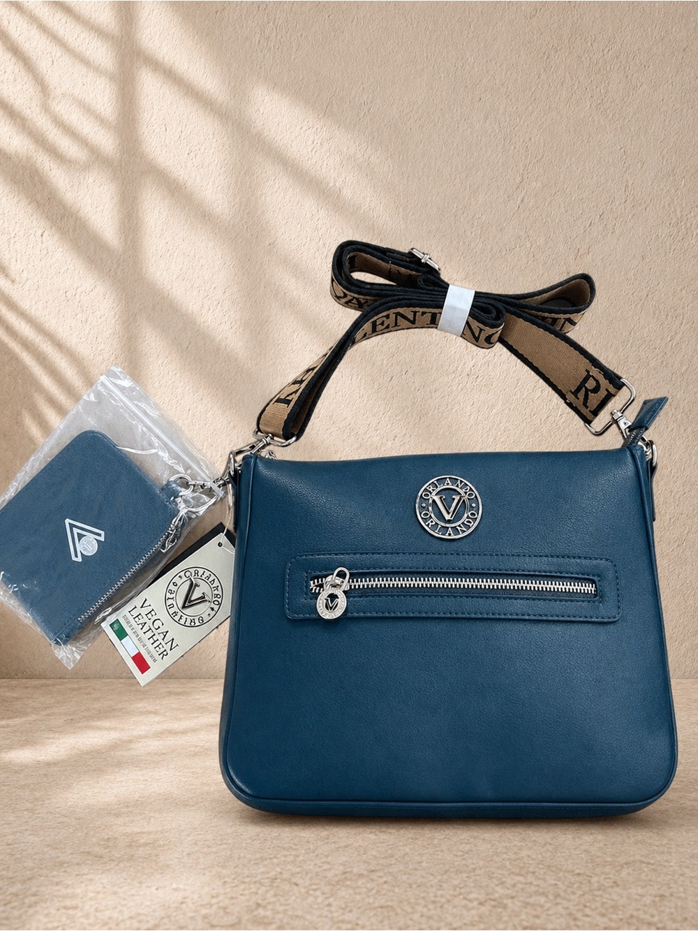Valentino Orlandi Teal Vegan Leather Crossbody with Logo Guitar Strap & Wallet